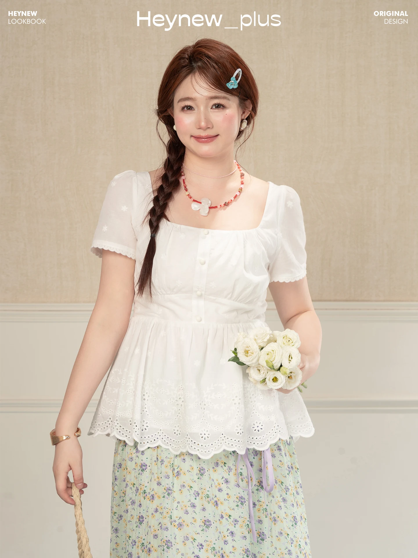 

Heynew Sweet Style Hollow out Square Collar plus Size Women's Shirt Summer Cotton Floral Print Casual Inner Wear Top