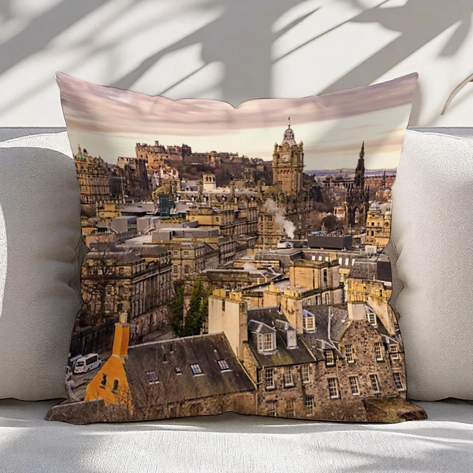High Quality Edinburgh Scotland Cityscape Pillowcase Art Throw Cushion Cover Print for Home Decor Travel Souvenir 45x45cm