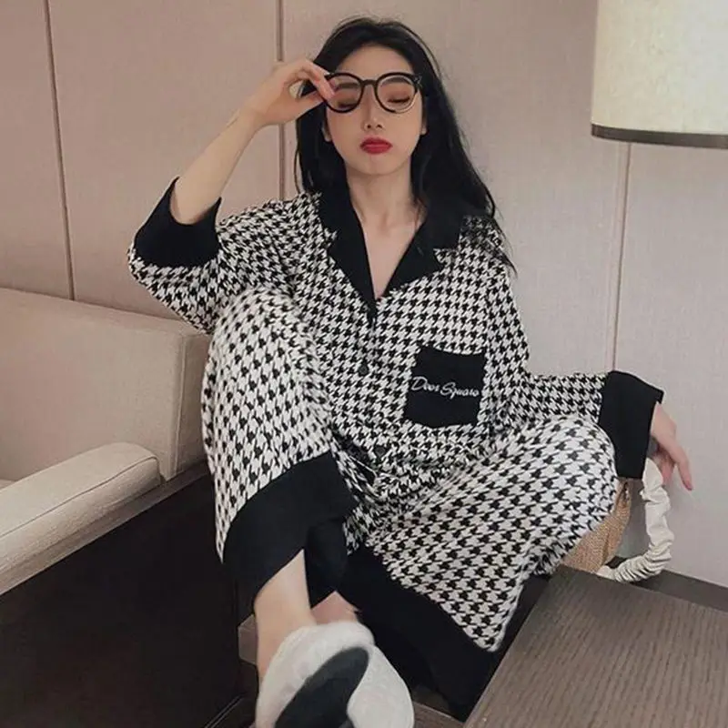 Women's Clothing Long Sleeved Long Pants Sleepwear Autumn Winter High-end Thousand Bird Grid Comfort Two Pieces Set for Women