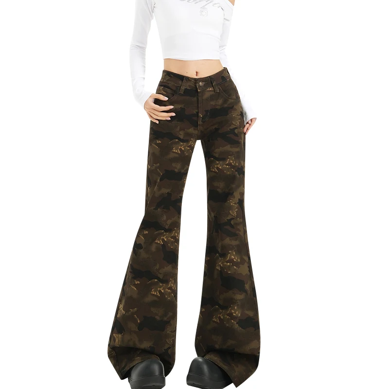 Amerykańskie spodnie retro w kamuflażu z dzwonami, jesienne, nowe, z wysokim stanem, elastyczne, miękkie, dopasowane jeansy damskie 2025