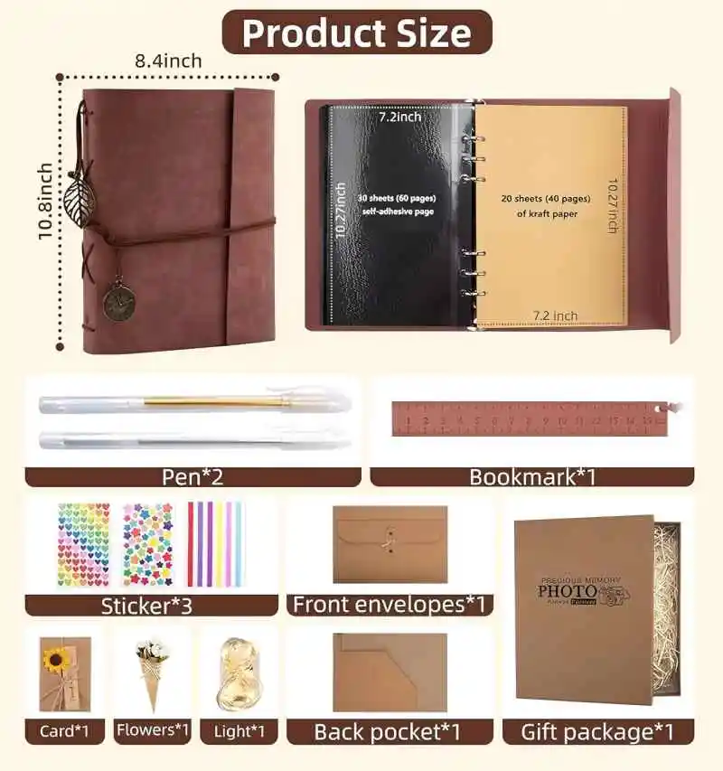 New DIY Leather Scrapbook Photo Album,60 Pages Self Adhesive+40 Pages Kraft Paper DIY Photo Book for 2x3 3x5 4x6 5x7 Pictures