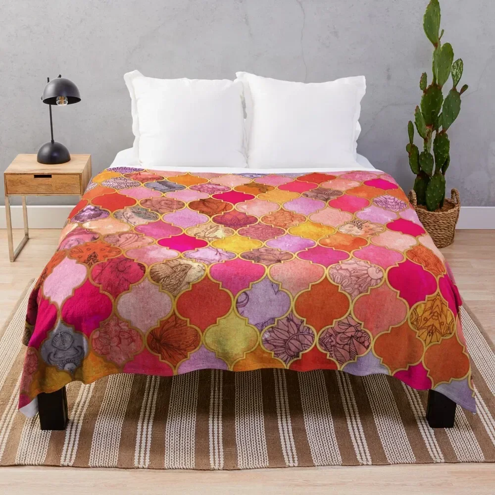 Hot Pink, Gold, Tangerine & Taupe Decorative Moroccan Tile Pattern Throw Blanket Sofa Throw Sofa Quilt Decorative Throw Blankets