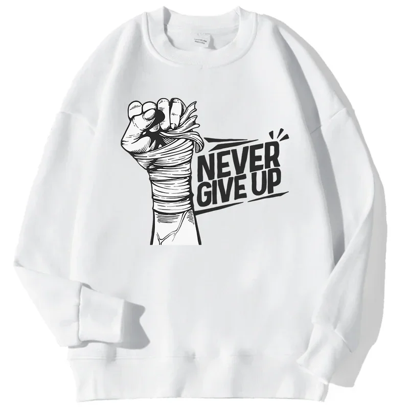 Never Give Up Motivational Hoodie Men's Autumn Loose Hoody Casual Fleece Sweatshirt Simple Crewneck Pullover Tops