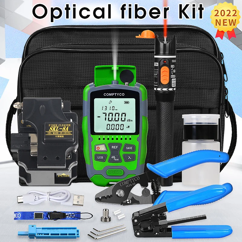 

Fiber Optic Tool Kit with SKL-8A Fiber Cleaver -70+10dBm/-50+26dBm 3 in 1 Mini Optical Power Meter 10Mw Visual Fault Locator