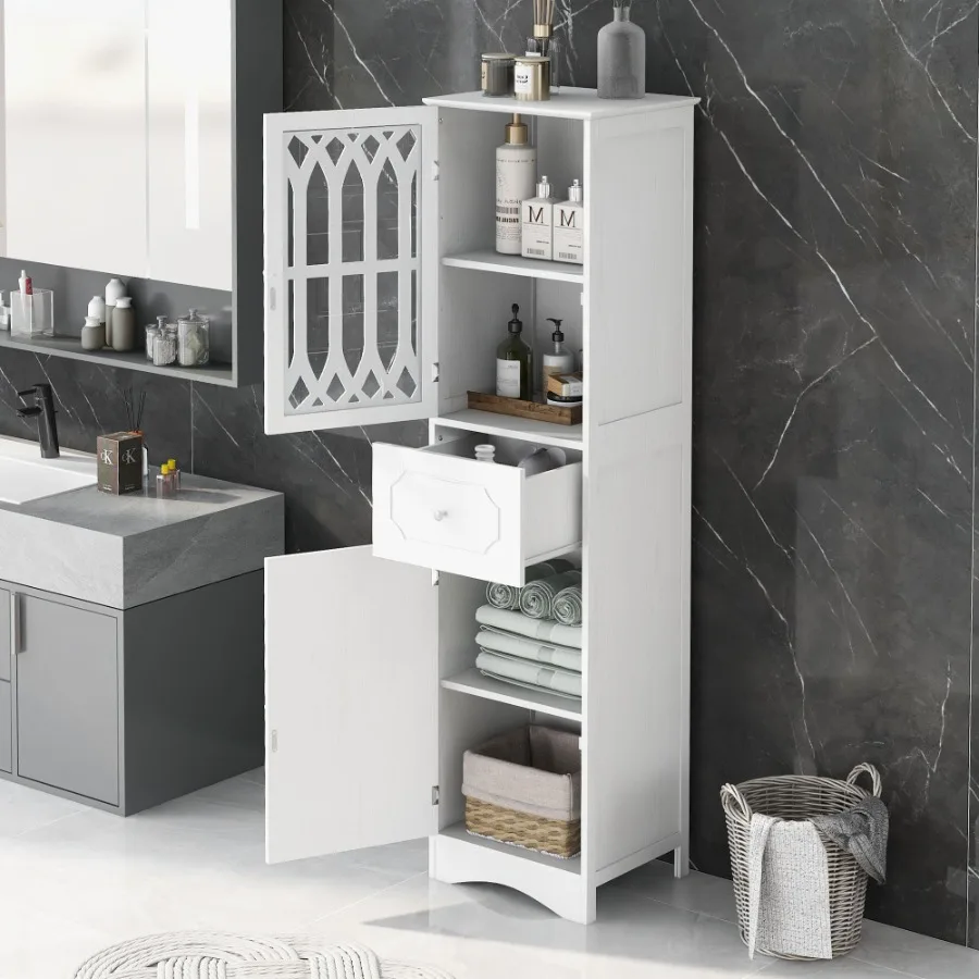

Tall Bathroom Cabinet Freestanding Storage Cabinet with Drawer and Doors MDF Board Acrylic Door Adjustable Shelf White