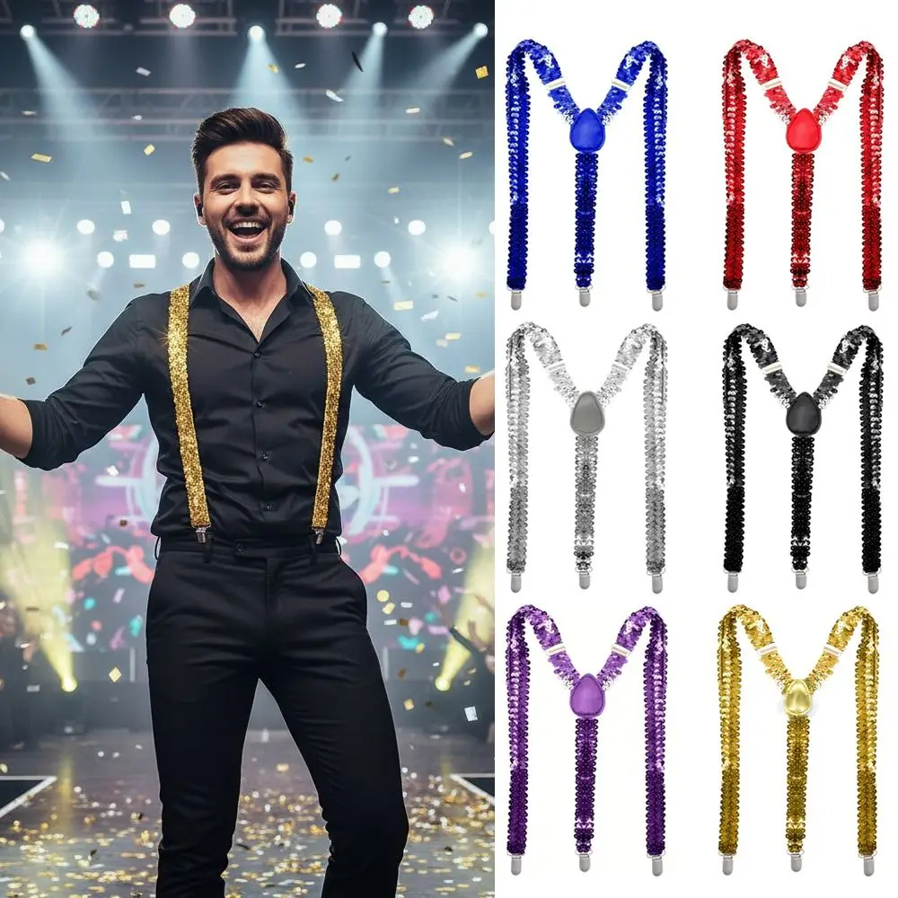 

Shinning Fish Scale Sequin Suspenders Elastic 3-clip Y-back Suspenders Party Stage Performances Adjustable Metal Clip Suspenders