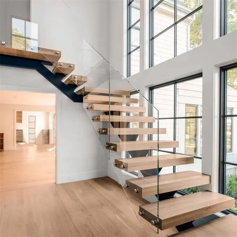 custom.L-Shaped Straight Staircase Modern Indoor Stairs with Tempered Glass Railing & Solid Wood Tread Tailored to Your