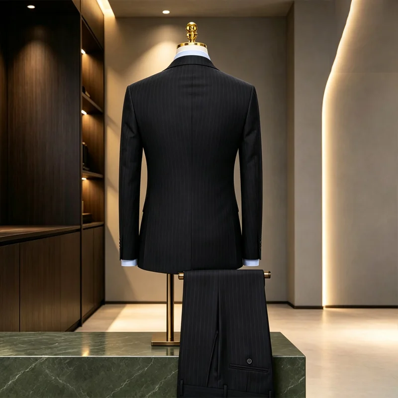 Best-Selling Navy Pinstripe Men Suit Set Wool Anti-Static Stretch Formal Uniform For Business Corporate Occasions