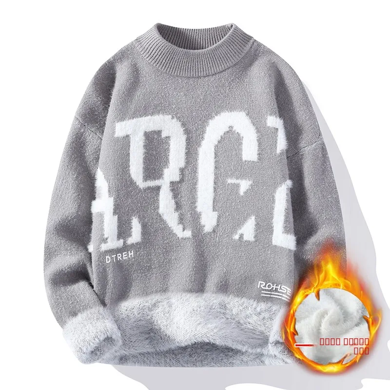 

Men's Autumn Winter Thiened Faux Mink Velvet Knitted Sweater Casual High Collar Inteated Warmth Knitwear for Youth