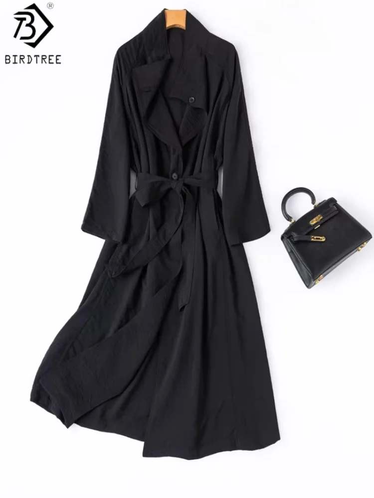

Birdtree, 76% Real Silk 24% Nylon Trench Coat, Dry Silk Jackets, Women's Lapel Full Sleeve Sash Tops, 2026 Spring New T63609JF