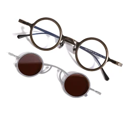 Pure Titanium Retro Round Eyeglasses Men Women Trendy Glasses Frame with Magnetic Clip on Polarized Sunglasses Vintage Eyewear
