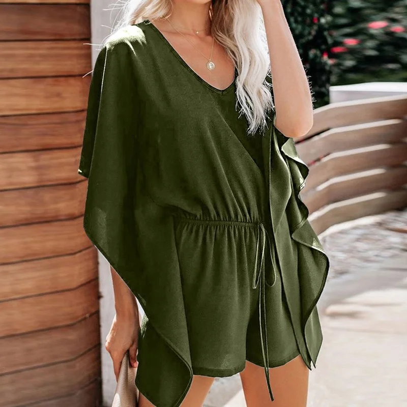 Women 2021 Summer Solid Casual Rompers Playsuits Fashion Bat Sleeve Loose Jumpsuit Ladies Clothing Short Female V-neck Playsuit