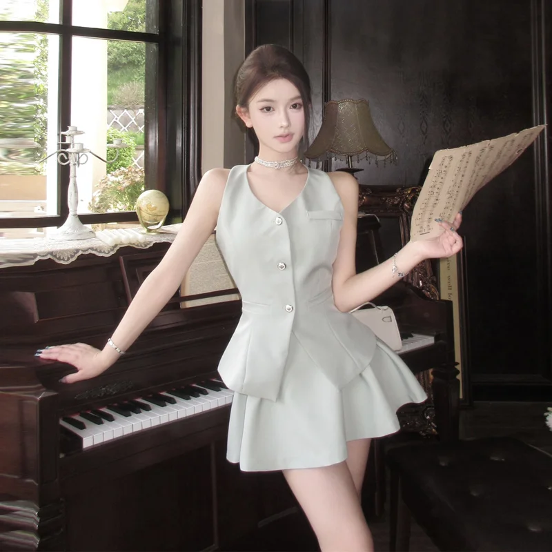 

Fashionable Knot Neckline Two-Piece Set Comfortable Cotton V-Neck Vest Short Skirt Shorts Korean Style Autumn Wear