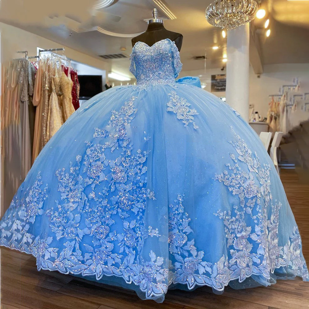 

Off Shoulder Lace Applique Quinceanera Dresses Ball Gown Tulle Pageant Prom Wedding Dress Sweet 15 16