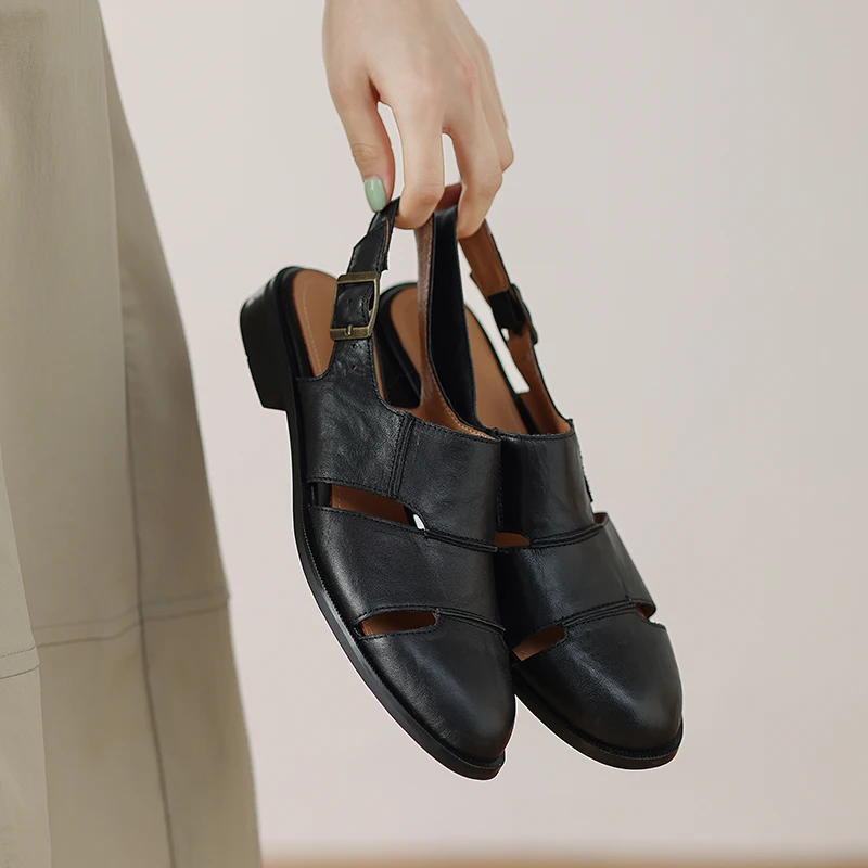 

Women's Cow Leather Narrow Band Patchwork Hollow-out Slingback Summer Flats Sandals Round Toe High Quality Soft Comfortable Shoe