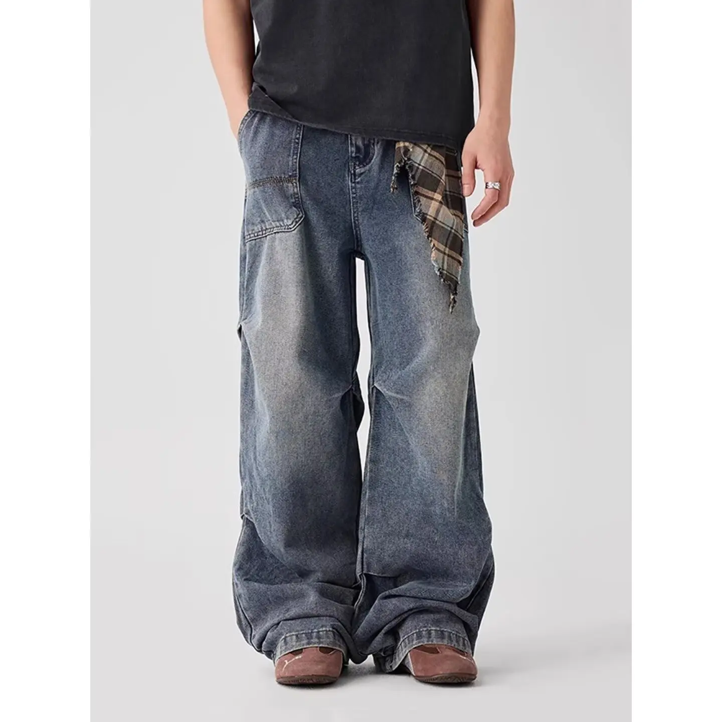 

Straight Leg Jeans Distressed Washed Denim Y2K High Street Unisex American Retro Patchwork Pleated Loose Casual Pants