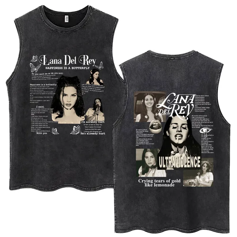 Lana Del Rey Graphic Print Wash Tank Tops Vintage Style Men Women T-shirt Hip Hop Cotton Oversized Sleeveless T Shirt Streetwear