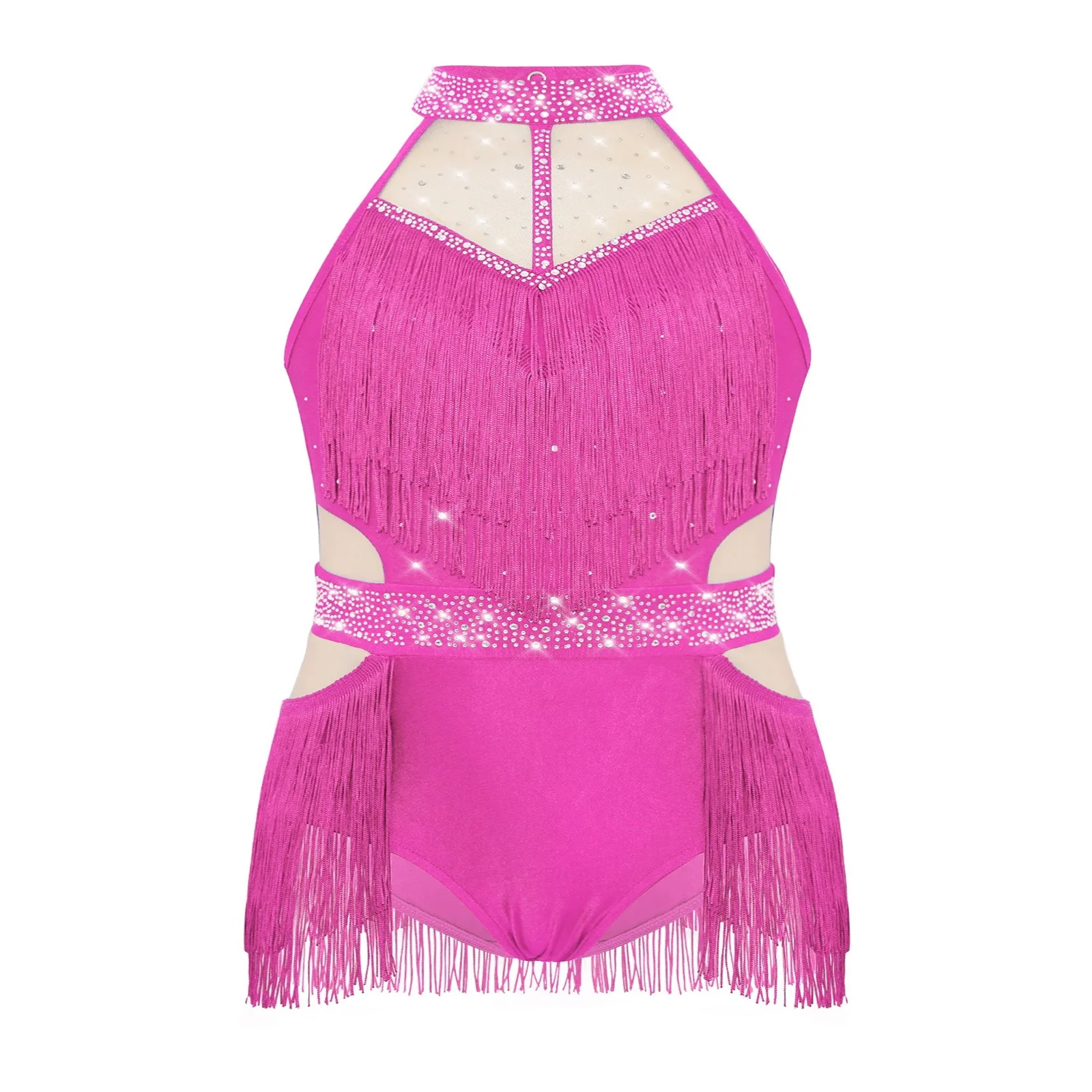

Girls Tassels Tango Latin Dance Leotard Sleeveless Cutout Back Bodysuit Sheer Mesh Stage Dancewear Shiny Rhinestones Jumpsuit