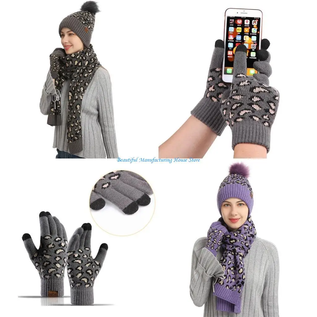 

E56A Long Scarves Winter Fleece Lined Leopard Beanie Hat Touchscreen Gloves for Women