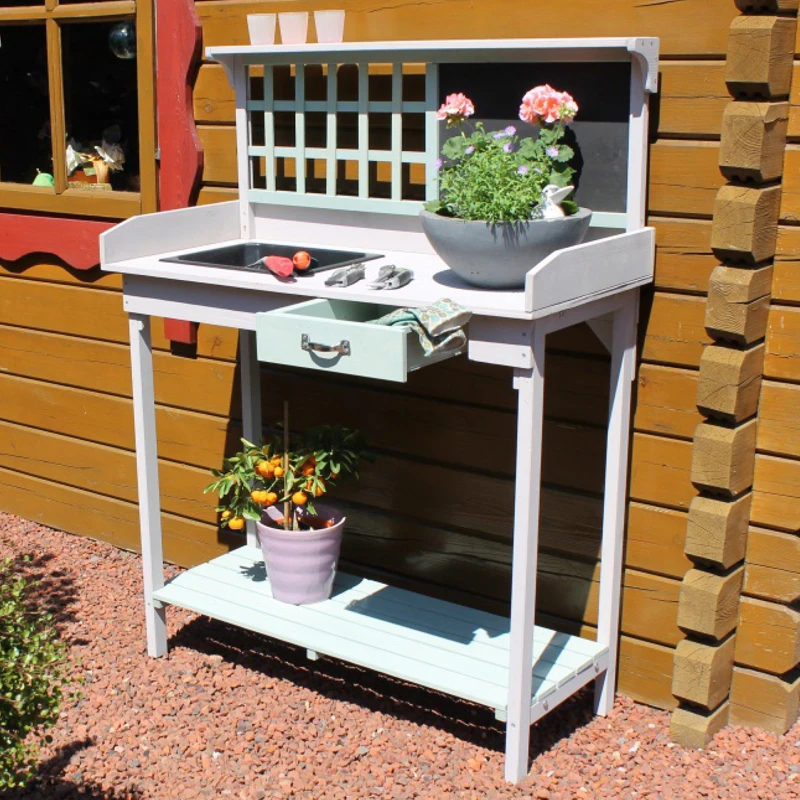 Gardening Workbench Rustic Wooden Potting Bench Garden Planting Table with Storage Drawer