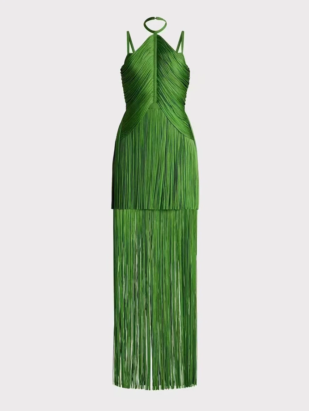 Modphy Sexy Halter Straps Tassel Maxi Long Dress Women Green Sleeveless Backless Bodycon Dress Elegant Evening Prom Party Gowns