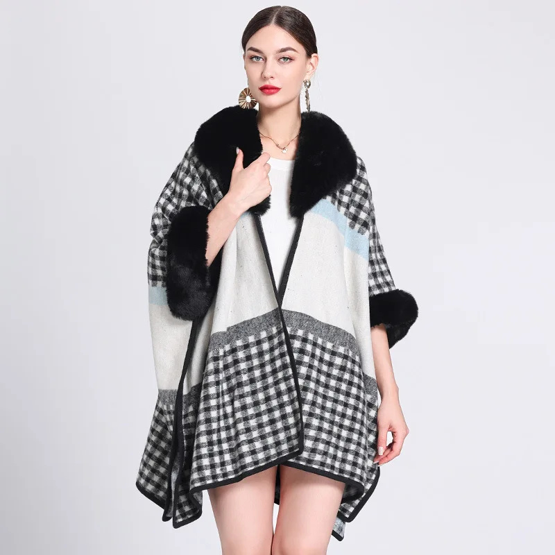 Women Rex Rabbit Faux Fur Shawl Lady Cashmere Feeling Woolen Coat Winter Elegant Plaid Wrap Luxury Warm Overcoat Brand Cloak New