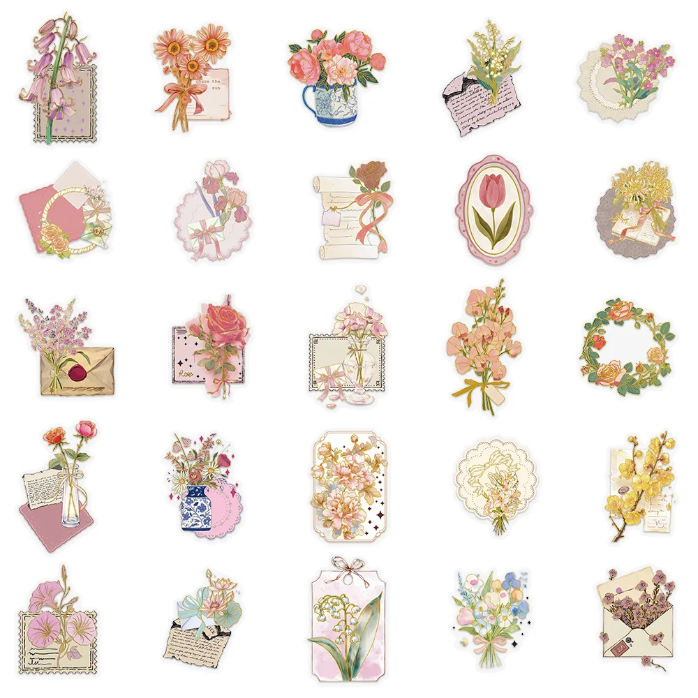 50 Stück Vergoldete Blumen-Aufkleber für Koffer, Laptop, Scrapbook, Wasserbecher, DIY-Dekorationen, Gitarren-Aufkleber – Detail 3