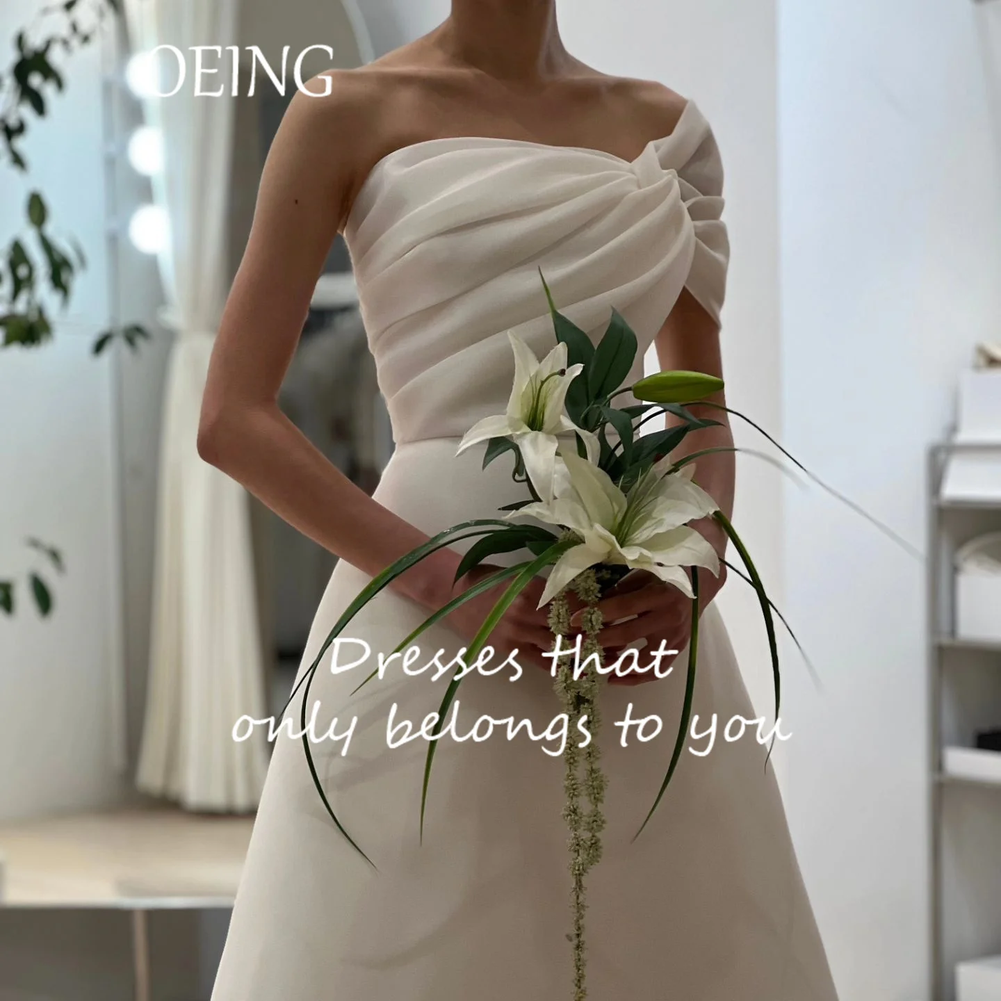 OEING One Shoulder Luxury Formal Wedding Dresses Pleat Simple Short Sleeves 프롬드레스 Floor Length Elegant Bride Gowns Party Women