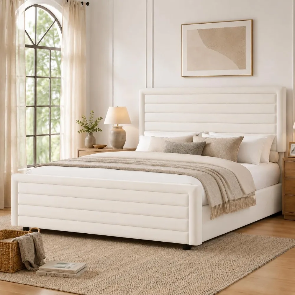Full Size Bed Frame with Velvet Upholstered Headboard,Beige | Full Platform Bed Frame, No Box Spring Needed, Easy