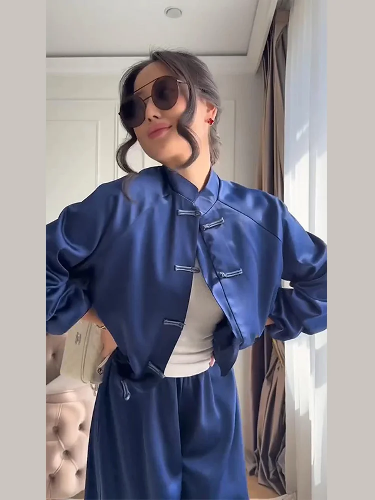 2026 Autumn Satin Chinese Style Shirts Pant Sets Women Frog Button Stand Collar Long Sleeve Jacket Wide Leg Pant Lady Outfit New