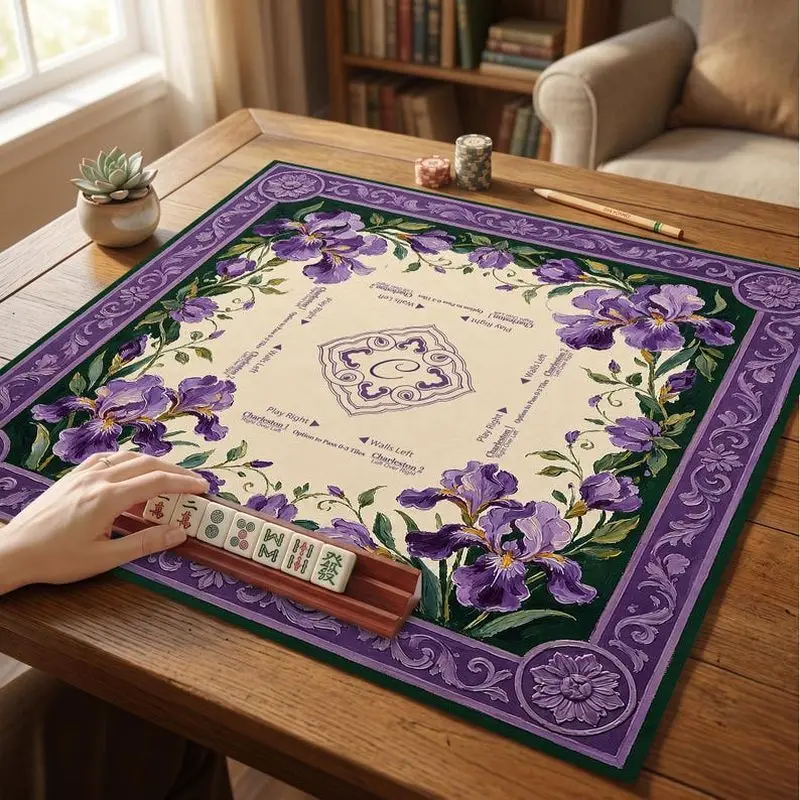 VIKAMA Purple Iris Vintage Carved Mahjong Mat Golden Trim Non Slip French Palace American Mahjong Poker Pad