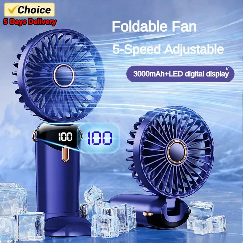 3000mAh Handheld Mini Fan Foldable Portable Neck Hanging Fans 5 Speed USB Rechargeable Fan with Phone Stand and Display Screen