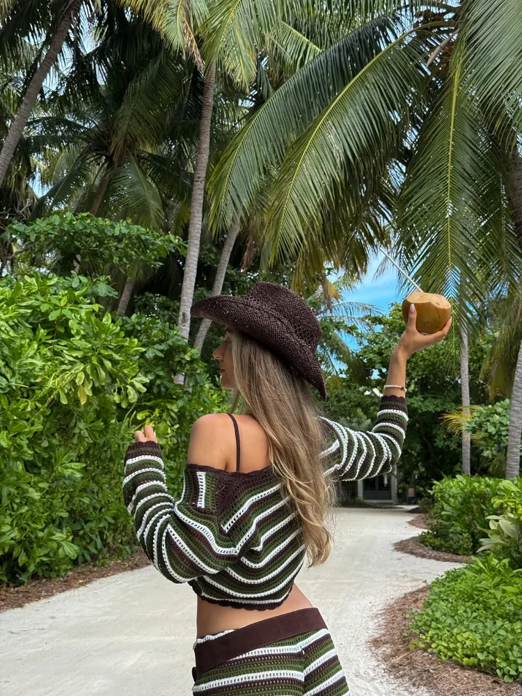 Women Color-Block Stripe Knit Two-Piece Set  Crop Long Sleeve Cardigan High-Waist Stripe Shorts 2026 Beach Vacation Casual Wear