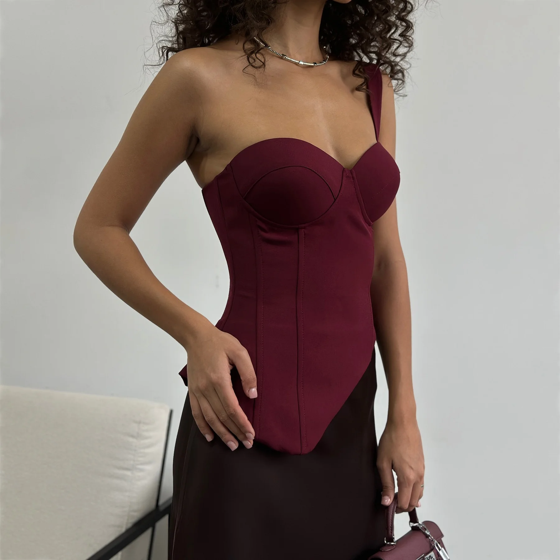 2026 Sexy One Shoulder Corset Tops for Woman Clothes Burgundy Bustier Cup Back Lace up Asymmetrical Hem Party Clubwear