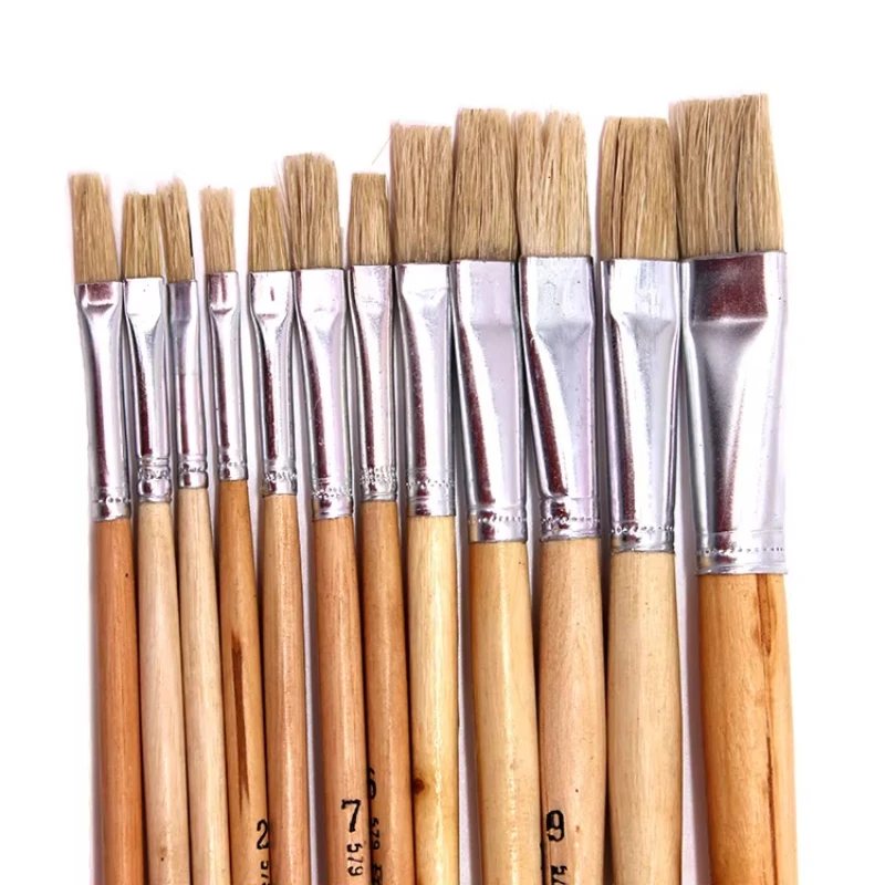 12 unids/set varilla de madera Natural cerdas de cerdo pelo duro cabeza plana fila pincel acuarela pincel pinturas acrílicas pincel suministros de arte