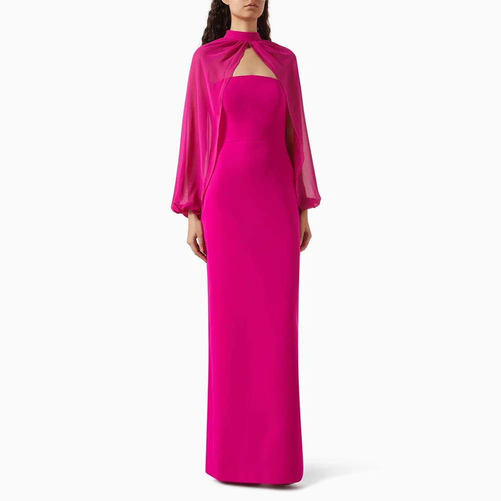 Fashion Fuchsia Evening Dress Detachable Long Sleeves Strapless Straight Prom Dresses Back Zipper Simple Arabian Party Gown