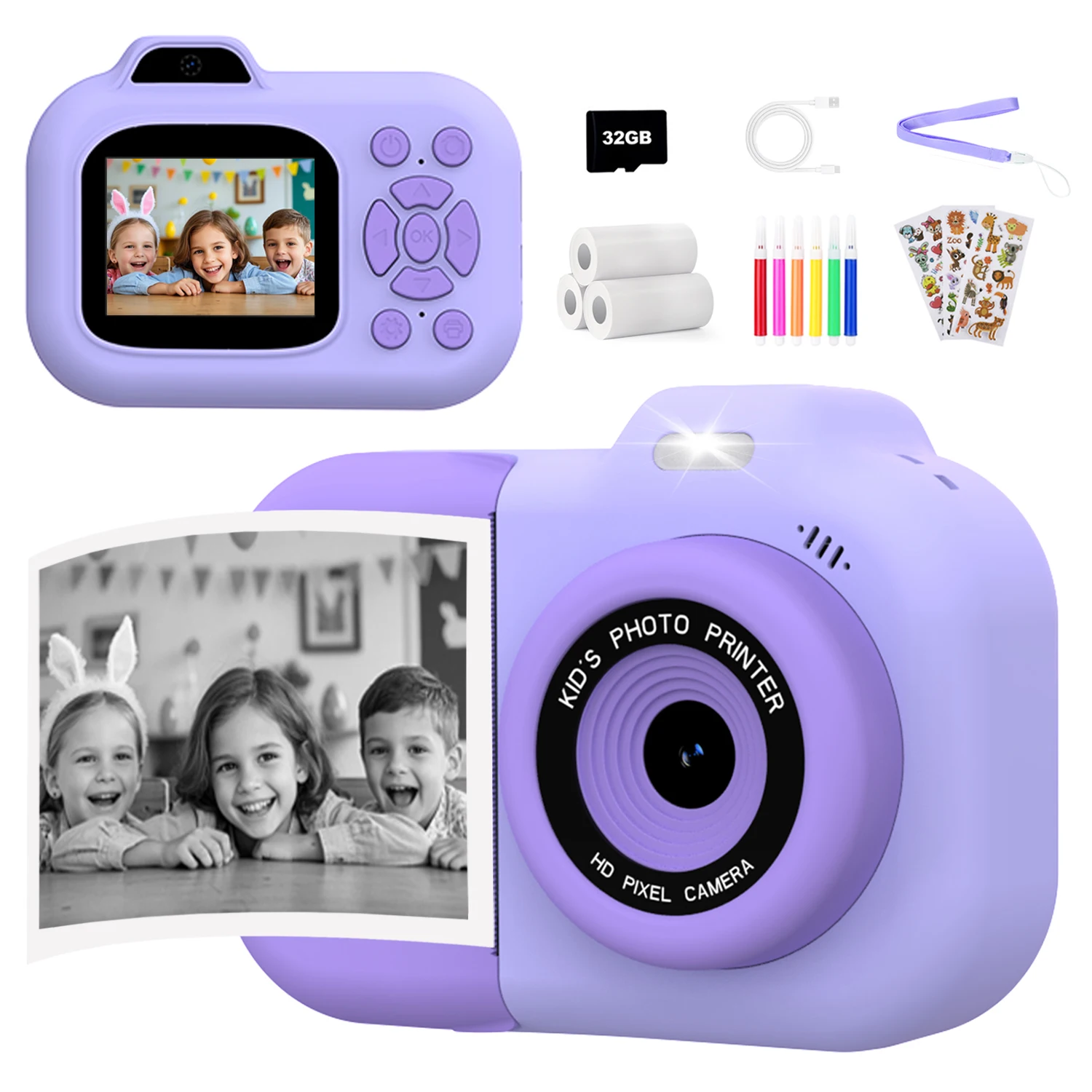 Câmera Infantil com Impressão Instantânea, Gravação de Vídeo em 1080P HD, Câmera Digital com Impressora Térmica, Brinquedo Educativo, Presentes de Aniversário para Crianças
