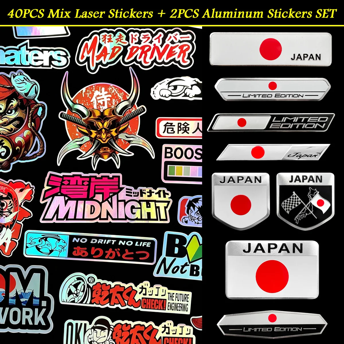 

40PCS JDM Laser Rainbow Holographic Motorcycle Moto Bike Helmet Decals With 2PCS 3D Japan Flag Aluminum Stickers Accessories Set