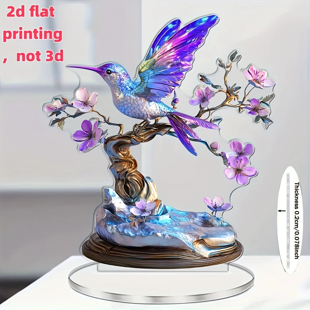 1PC Hummingbirds and Flowers 2D Flat Acrylic Figurine Home Office Cafe Room Studio Display Case Table Ornament Desktop Decor Kit