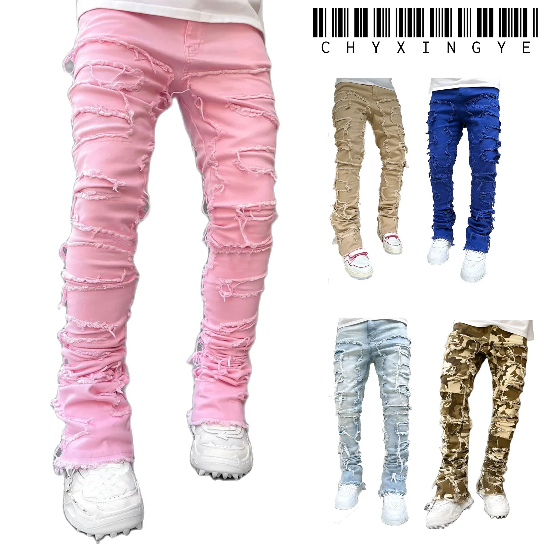 Streetwise Stretch Patch Jeans For Men Bottom Baggy Odzież męska Summer Solid New Fashion Mid Waist Patchwork Long Pants Male