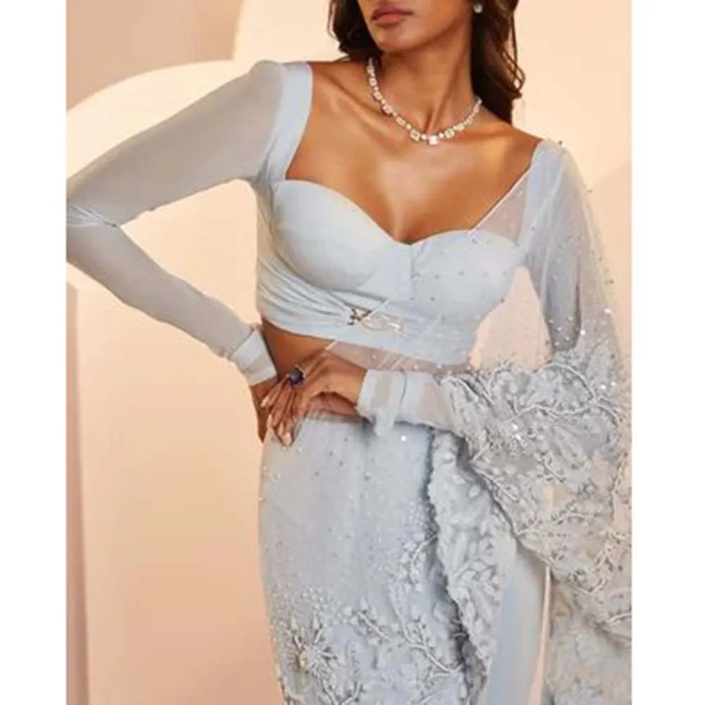 Pretty Light Blue Women Prom Dresses Full Sleeves Square Collar Mermaid Slim Fit Floor Length Appliques Smart Evening Party Gown