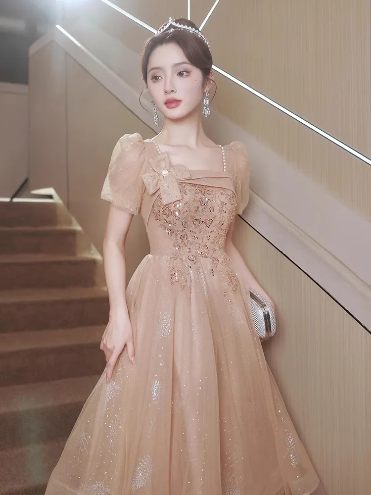 

Вечернее платье Ele Princ Sle для женщин, на день рождения, с жемчужной отделкой, средней длины, с коротким рукавом, на молнии