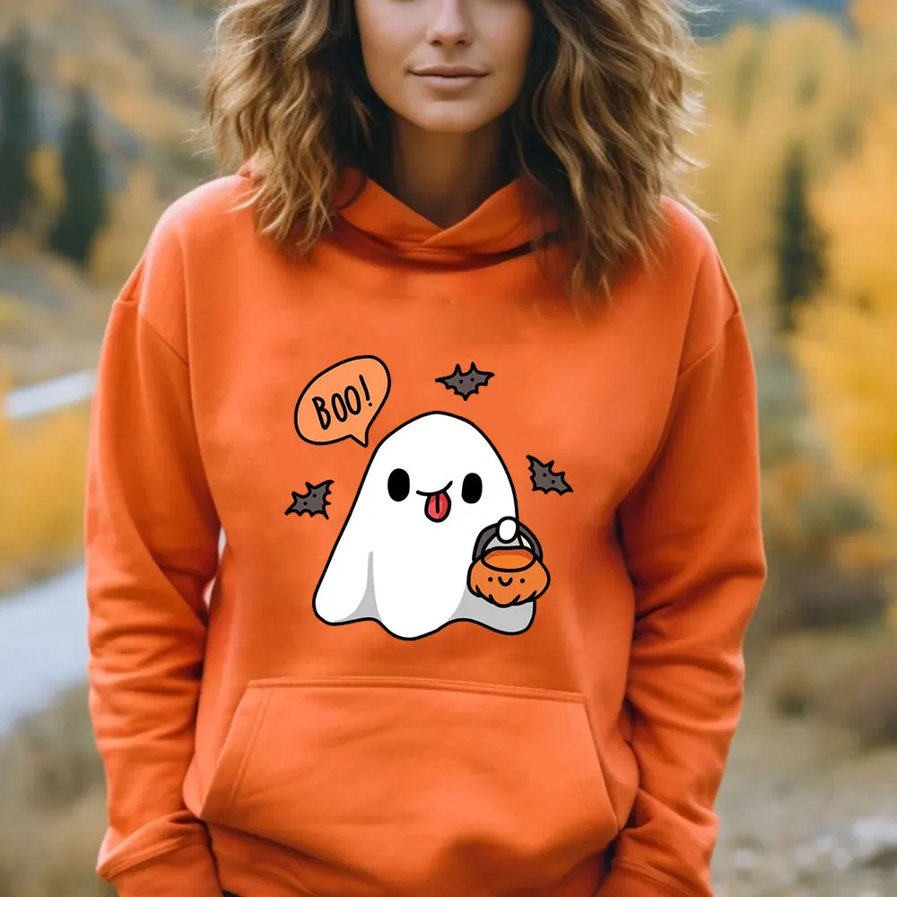 

Kawaii Ghost Boo Trick Or Treat Woman Graphic Hoodies Autumn And Winter Halloween Creative Pumpkin Sweatshirt Keep Warm Hoody