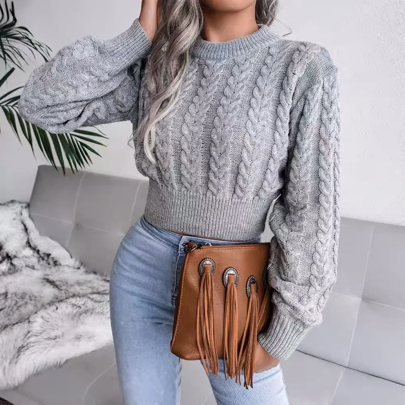 Crop Cable Knit White Sweater Long Sleeve Crew Neck Pullover Women Jumper Soft Girls Autumn Winter  Thick & Warm Knitwear