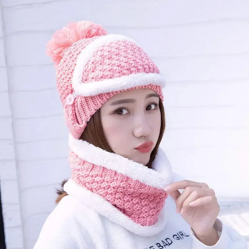 Winter Beanie Outdoors Women Fashion Solid Fur Wool Lining Thick Warm Knit Cashmere Hat Cap Scarf Sets Bonnet шапка женская