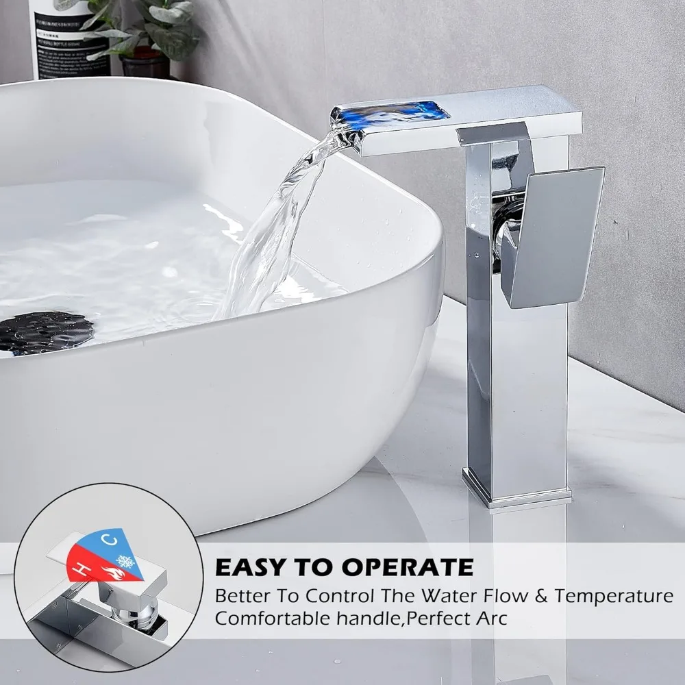 Chrome Waterfall Vessel Sink Faucet with One Hole Handle, Pop-Up Drain, No Overflow, Basin Supply Line Included, Long Tail Keywo