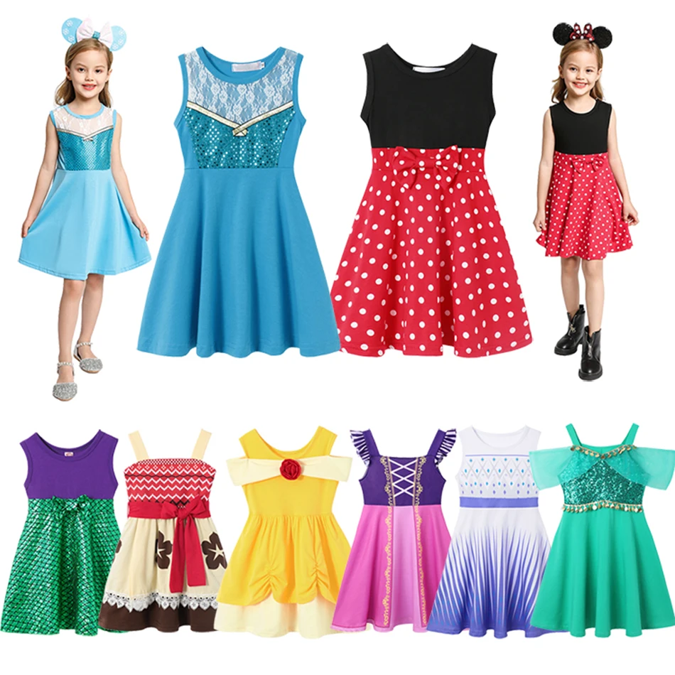 Disney 2024 Girls Princess Summer Dress Mickey Minnie Frozen Elsa Moana Belle Sundress Kids Mermaid Ariel Anna Casual Clothing