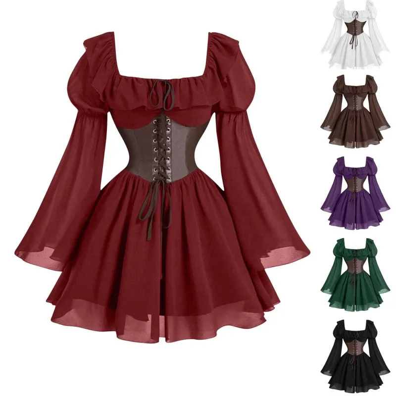

Renaissance Period Medieval New Long Sleeved Women's Bubble Sleeve Dress Halloween Fashion Retro New Party Waist Cinched Skirt