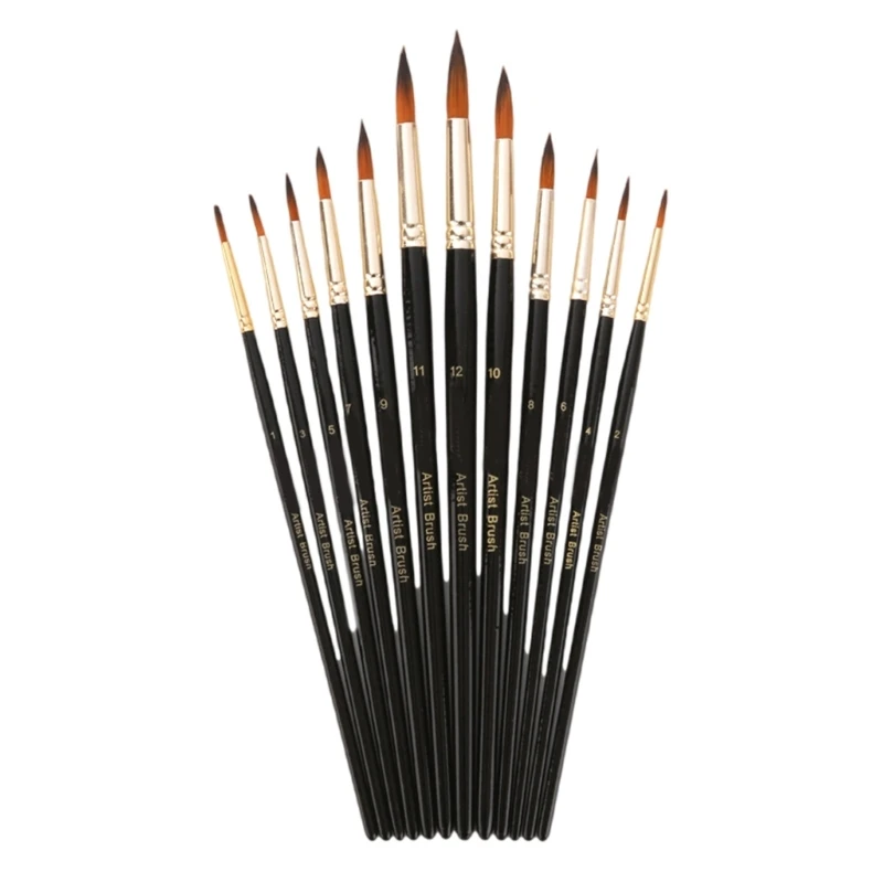 12本木製ハンドルペイントブラシ、ラウンドチップ/フラットチップ、柔らかいナイロン毛付き、アーティストペイントブラシ水彩ペイントブラシ