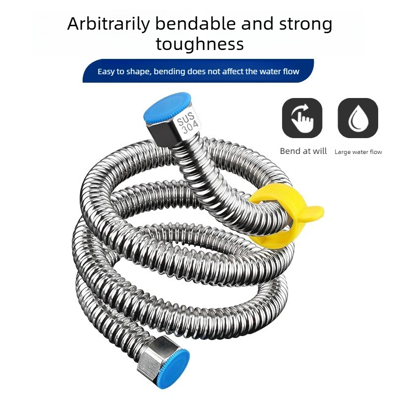 G1/2 Bellows 304 Stainless Steel Water Inlet Hose, Explosion-proof Metal Pipe Fittings 1 Meter (304 Pipe + 304 Cap)